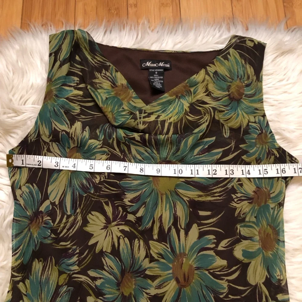 Meghan Matthews Daisy Floral Asymmetrical Sleeveless Green Brown Midi Dress 8 - Picture 8 of 10